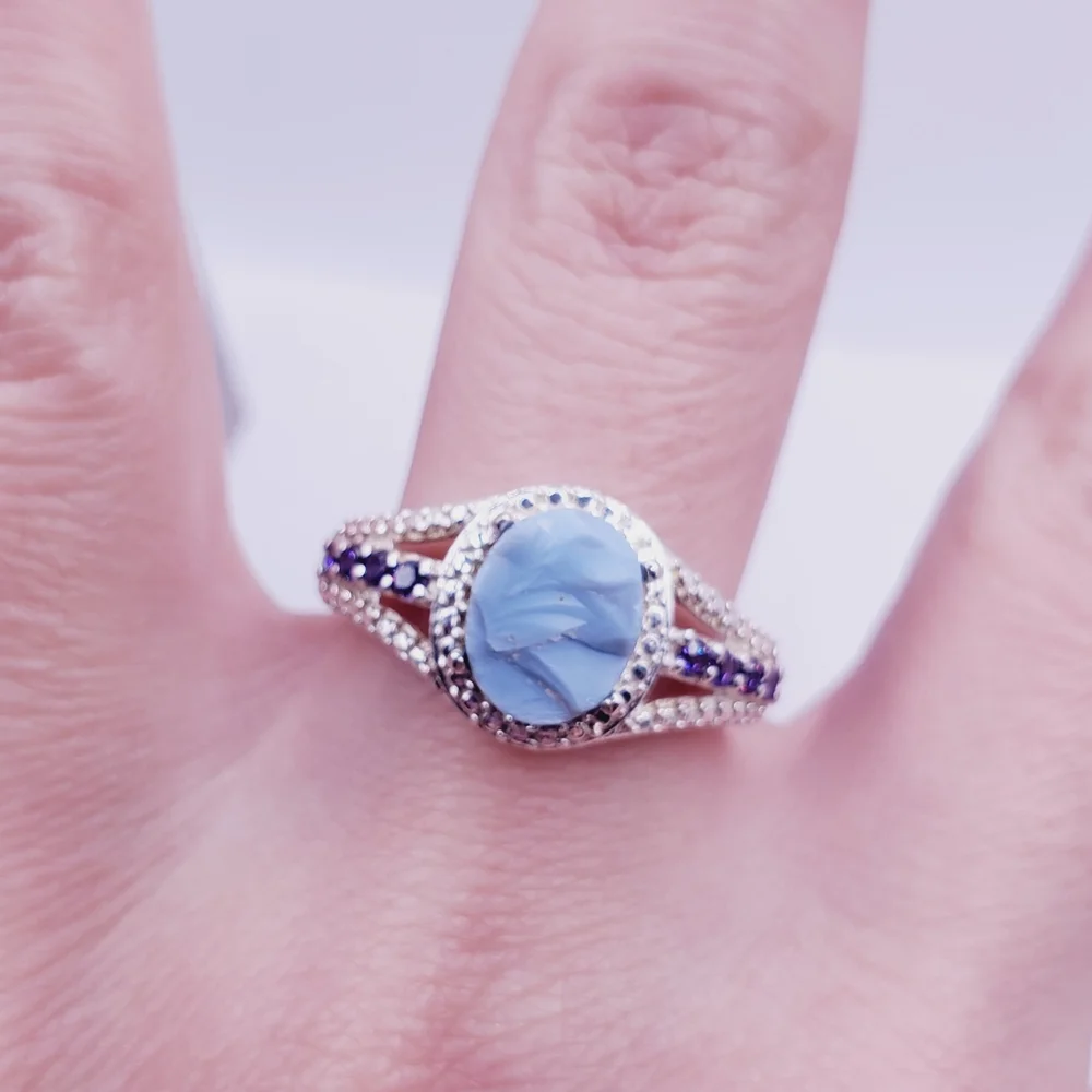 Genuine Rough Cut Blue Oregon Opal & Purple Diamond Simulants 925 Silver Ring